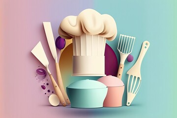 A top-down shot of a chef's hat and various kitchen utensils, such as measuring cups and spoons, set against a pastel-colored background. Generated by AI.