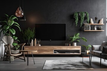 a contemporary living area with a table, chair, flower, and plant against a black wall. Generative AI