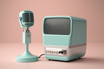 Close-up of a hand holding a microphone with a slide projector and business charts in the background. Generated by AI.
