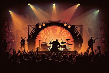 A close-up shot of a stage with bright lights shining on musical instruments and equipment. Generated by AI.