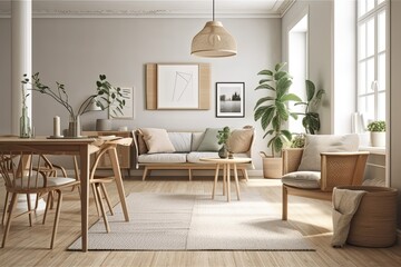 Mock up of a wall in a Scandinavian living room featuring furniture made of wood, a table made of natural wood, and an empty, bright background. Generative AI