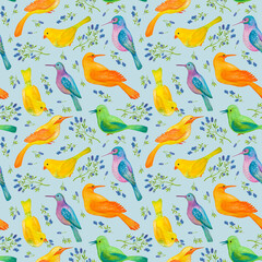 Seamless pattern with watercolor painted different birds on a blue background.