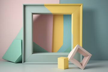 An empty picture frame hanging in an art gallery with an abstract geometric background, waiting to be filled with a masterpiece. Generated of AI.