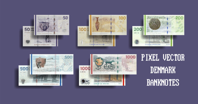 Vector set of pixelated mosaic Danish banknotes. Bills in denominations of 50, 100, 200, 500 and 1000 krone.