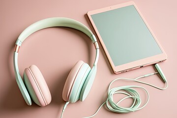 An inviting image of a tablet device streaming video content, featuring a pair of premium headphones placed on top. Generated by AI.