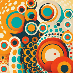 Posters in retro style of the 70s, Flowers, circles, abstraction and psychedelic patterns. Bright and warm color palette, shades of orange, yellow, green and pale blue. Generative AI