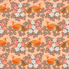 Seamless floral pattern with white flowers and orange fabulous birds. Watercolor.