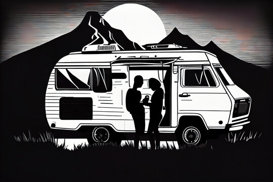 Van Life Couple Enjoying the Serenity of a Remote Sunset, Embracing the Beauty and Freedom of Life on the Road - Generative AI