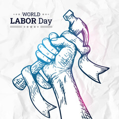 Sketch of fist for World Labor day illustration on 1st May with Crumpled paper Background. Labour Day design