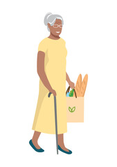 Elderly disabled woman with a package of fresh food. Shopping. Healthy food. Active lifestyle. Vector illustration isolated on white background.