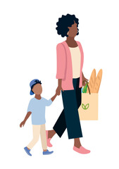 Fototapeta premium Woman with a bag of fresh food. Shopping. Healthy food. Active lifestyle. Vector illustration isolated on white background.