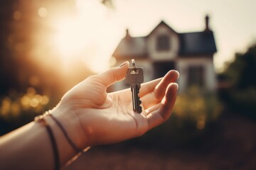 Hand Holding house keys outdoors, closeup with space for text. Real estate agent, GENERATIVE AI