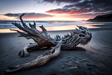 A: A beach at sunset was depicted with a dragon and driftwood - generative ai. - obrazy, fototapety, plakaty