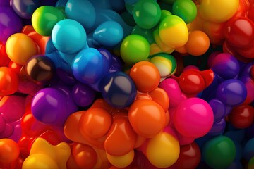 Fototapeta na wymiar Bright abstract background of jumble of rainbow colored balloons celebrating gay pride, Generative AI