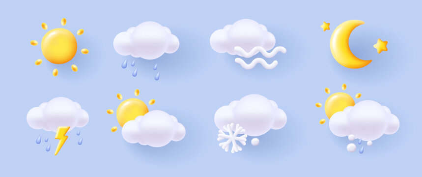 Weather icons set, 3d render soft shapes illustration of different weather conditions at night and day