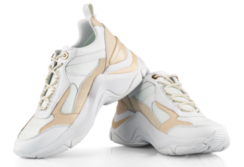 White leather sport sneakers isolated on transparent background. Full Depth of Field