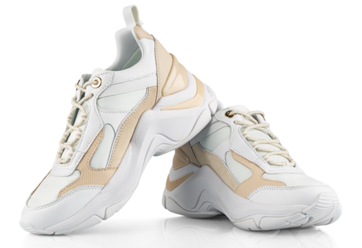 White leather sport sneakers isolated on transparent background. Full Depth of Field