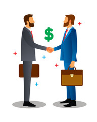 Original vector illustration. Two male businessmen shake hands. Business, work. Design element.