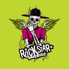 Original vector illustration. A skeleton with a hat and wings on his back. T-shirt design.