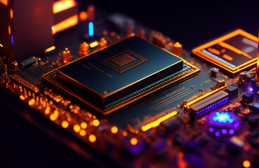 Illustration of a detailed view of a computer motherboard with labeled components created with Generative AI technology