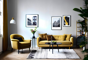 Modern interior with yellow sofa and armchair.Curtains and table. Generative AI.