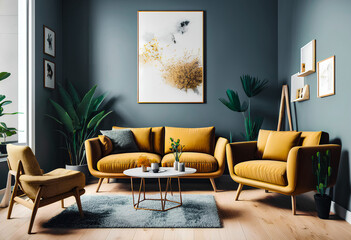Modern interior with yellow armchairs and couch. Posters on grey wall. Generative AI.