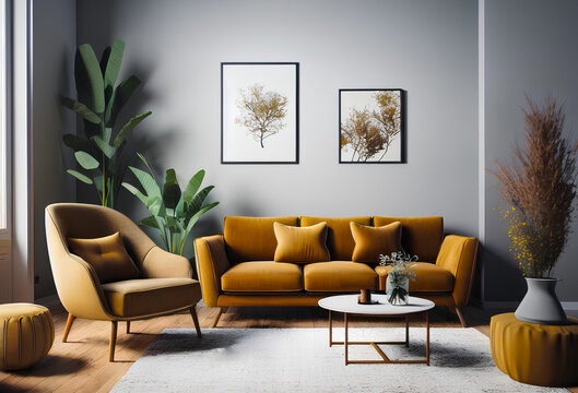 Lounge with orange sofa and armchair. Posters on white wall. Generative AI.