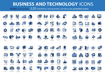 120 icons collection for business and management. Concept icons for statistics, accounting, action plan and business ideas. Flat vector illustration