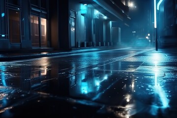 Obraz na płótnie Canvas Dark street, wet asphalt, reflections of rays in the water. Abstract dark blue background, smoke, smog. Empty dark scene, neon light, spotlights. Concrete floor, Generative AI