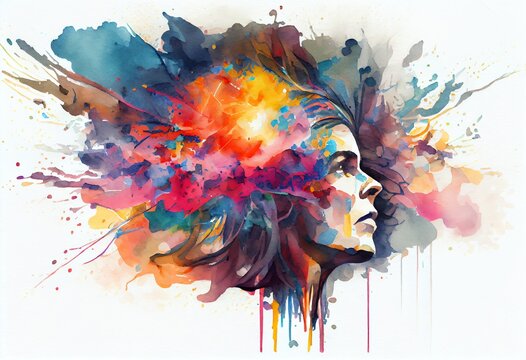Watercolor Illustration of a Illustration Of Annual Collective Mind Concept Art, Exploding Mind, Inner World, Dreams, Emotions, Imagination And Creative Mind. Generative AI
