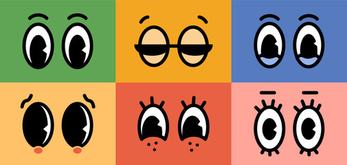 Cartoon retro character comic eyes emotions set on colored backgrounds. Vector illustration