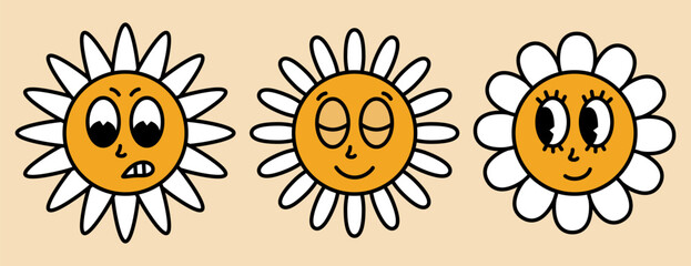 Daisy flowers with cartoon funny faces. Bloom camomile with different emotion: angry, calm, cute. Sticker pack in trendy retro. 30s, 50s, 60s vintage comic smile. Vector illustration
