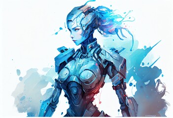 Watercolor Illustration of a Neon Blue Female Cyborg Robot As Artificial Intelligence Concept With Copy Space Illustration. Generative AI
