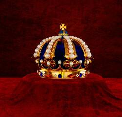 Golden Crown with jewels, pearls. Standing on velvet platform