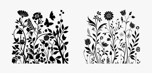 Black-white floral composition isolated on white background. Silhouette of flowers and plants on a white background. vector
