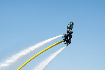 Flyboard. Air Farthest flight by hoverboard. Flyboard is aerial machine for personal watercraft,...