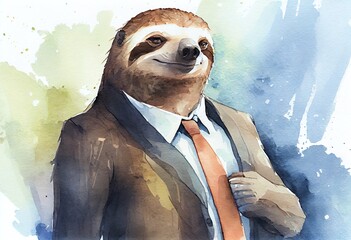 Watercolor Illustration of a Studio Photo Portrait Of A Sloth In Business Clothes, Concept Of Humor And Professionalism,. Generative AI
