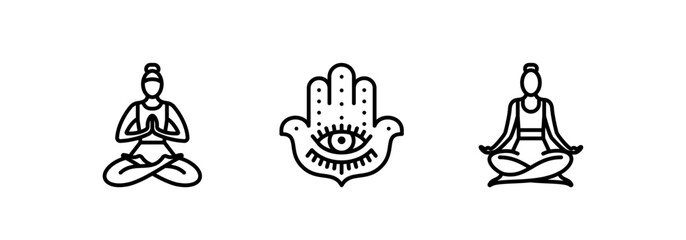 Meditation icon set. State of mind, religion, spa, meditation, self-knowledge, spiritual practice, relaxation.