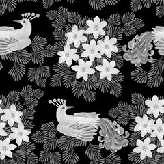 Seamless pattern with fabulous birds in black and white.