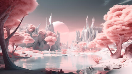 dreamy surreal fantasy landscape , pastel pink,  generative ai 