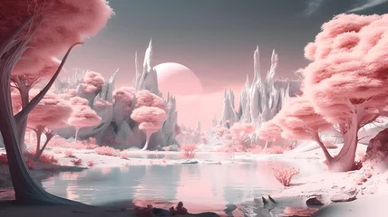 Poster dreamy surreal fantasy landscape , pastel pink,  generative ai  © Coka