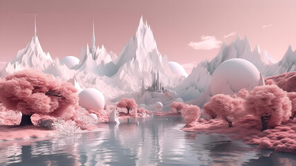 dreamy surreal fantasy landscape , pastel pink,  generative ai 