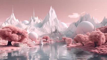 Foto auf Acrylglas Hell-pink dreamy surreal fantasy landscape , pastel pink,  generative ai 