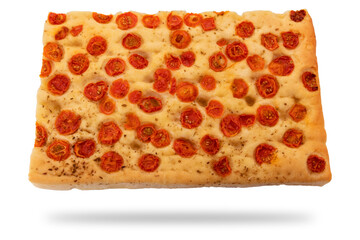 Italian Apulian focaccia with cherry tomatoes, oregano and olive oil, square slice