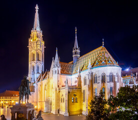 Matthias Church at Fisherman's bastion at night, Budapest, Hungary