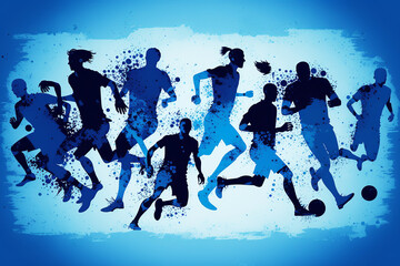 Silhouette of football players in motion in blue tones. Generative AI.