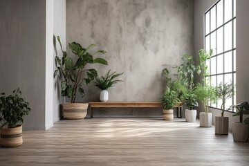 Fototapeta na wymiar Mockup of an empty room with plants has a wooden floor against a concrete wall. Generative AI
