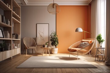 Interior of the lounge area features a coffee table with books, an armchair, a hardwood floor, a bureau, and a plant in the corner. empty wall mockup copy space,. Generative AI
