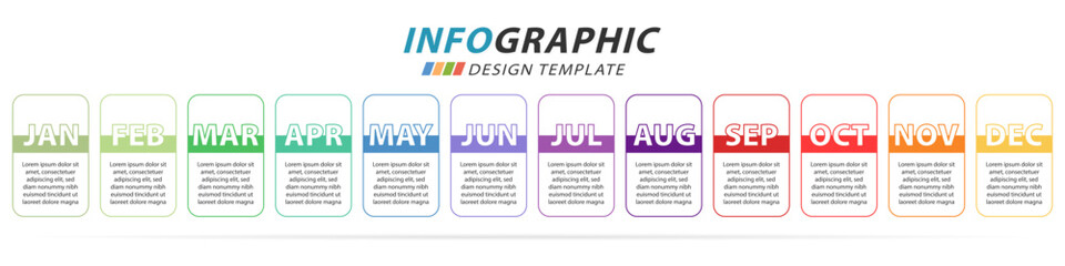 Infographic design template, Timeline diagram calendar 12 months, 12 options or steps template, presentation. Vector illustration.