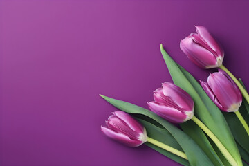 Fototapeta premium Spring purple tulip flowers on purple background top view in flat lay style. Greeting for Women or Mothers Day or Spring Sale Banner.